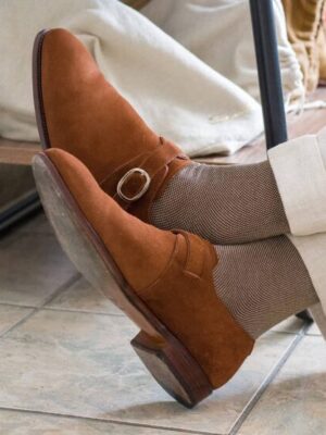 Chaussettes en fil d'Écosse beige et marron caviar œil-de-perdrix (2)