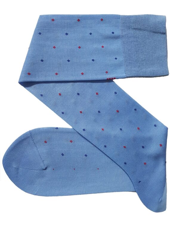 Chaussettes en fil d’Écosse bleu ciel diamant à pois rouges et bleus