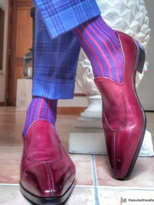 Chaussettes en fil d'Écosse bleu royal vanisé à rayures rouge (2)