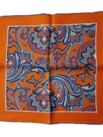 Pochette de costume bleue et orange Paisley en soie