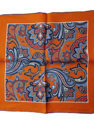 Pochette de costume bleue et orange Paisley en soie