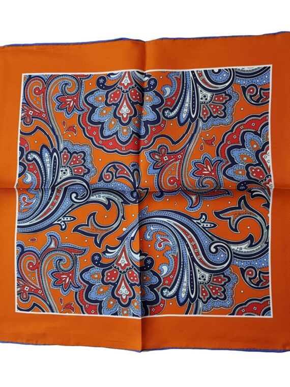 Pochette de costume bleue et orange Paisley en soie