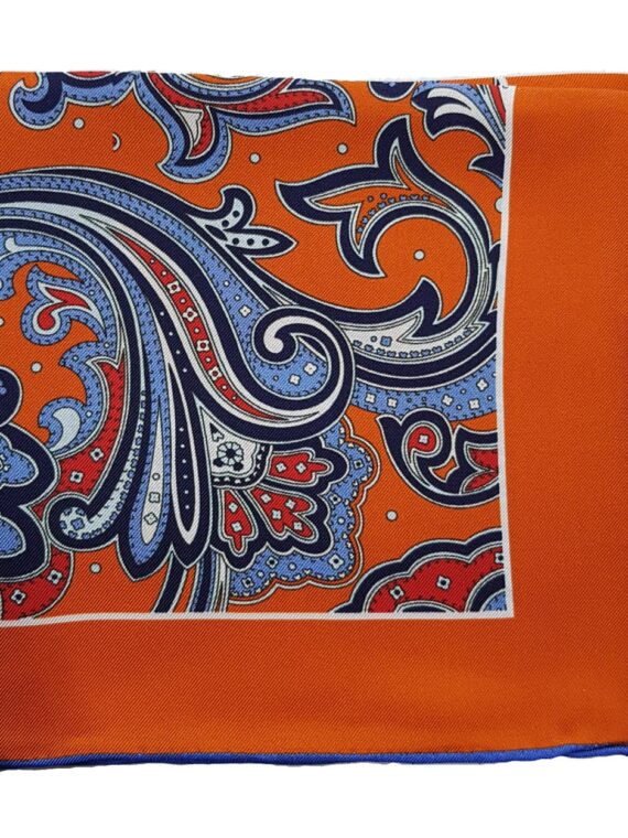 Pochette de costume bleue et orange Paisley en soie