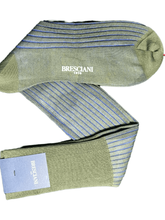 Chaussettes en fil d’Écosse vert olive vanisé à rayures bleues